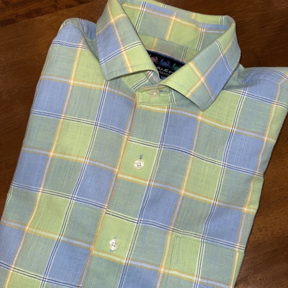 Charleston Threads Men's XLarge Blue/Green Plaid Button-Up Long Sleeve Cotton